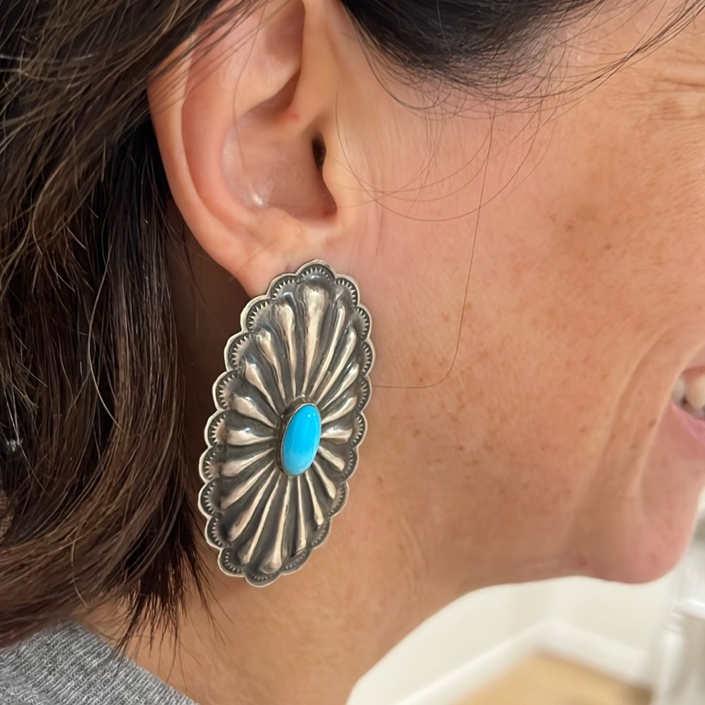 Navajo Handmade Turquoise Concho Earrings - Picture 3 of 8